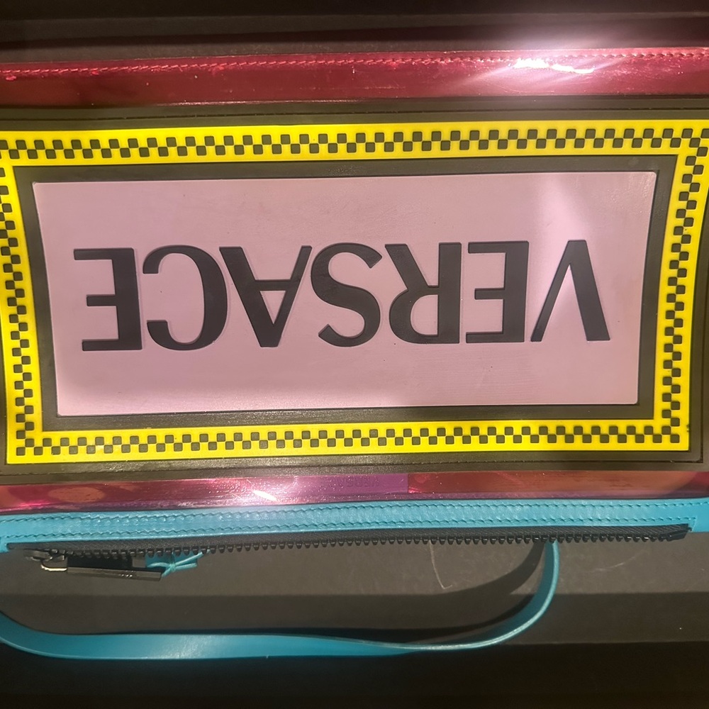 Authentic Versace Pink, Yellow & Turquoise Logo Zip Clutch - Picture 4 of 5